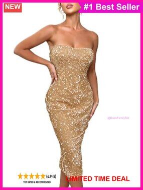 Sparkly Sequin Strapless Midi Dress Bodycon Party Club